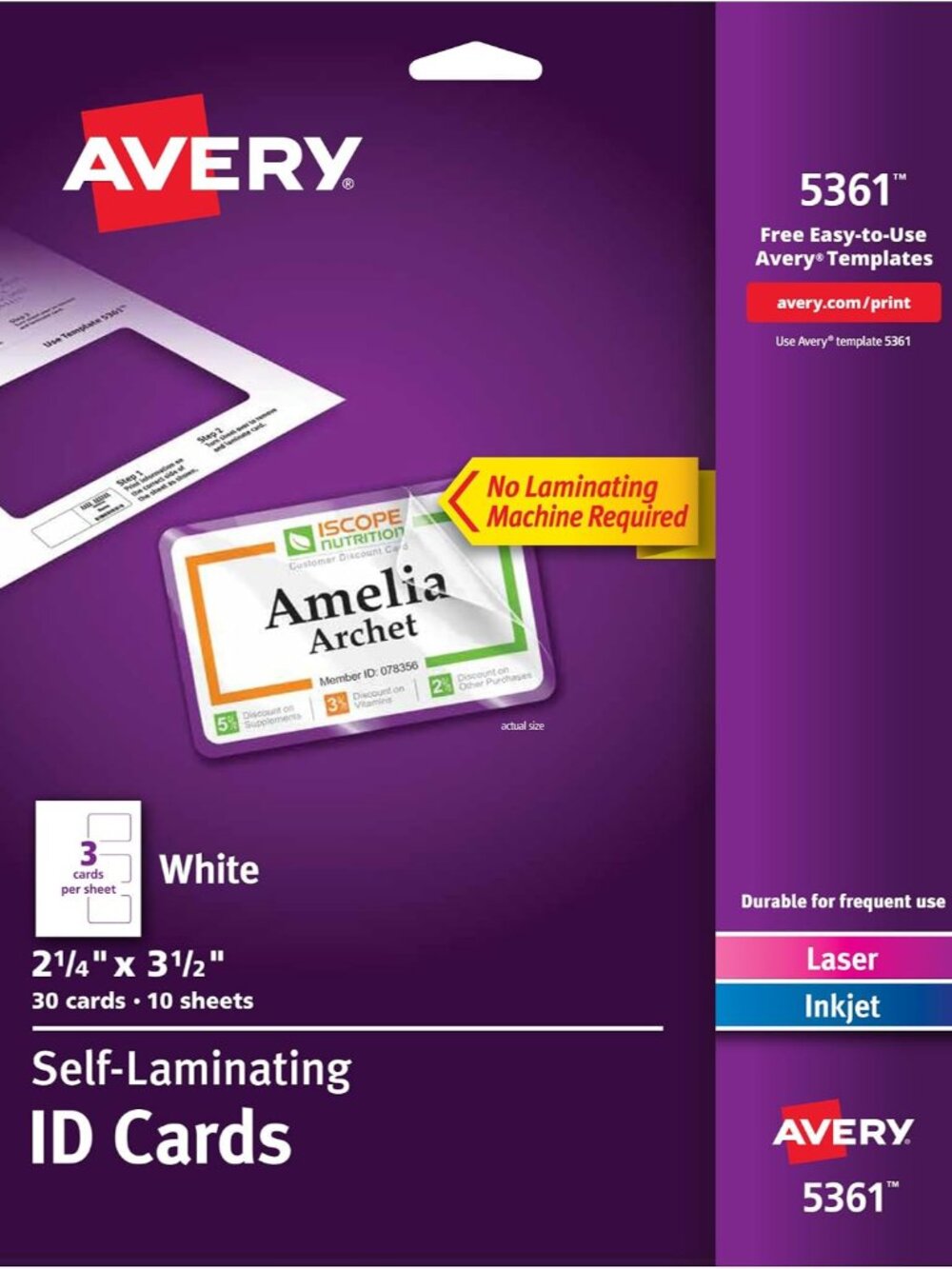 Customizable Self-Laminating ID Cards, 2.25" x 3.5", White Printable Inserts, 30